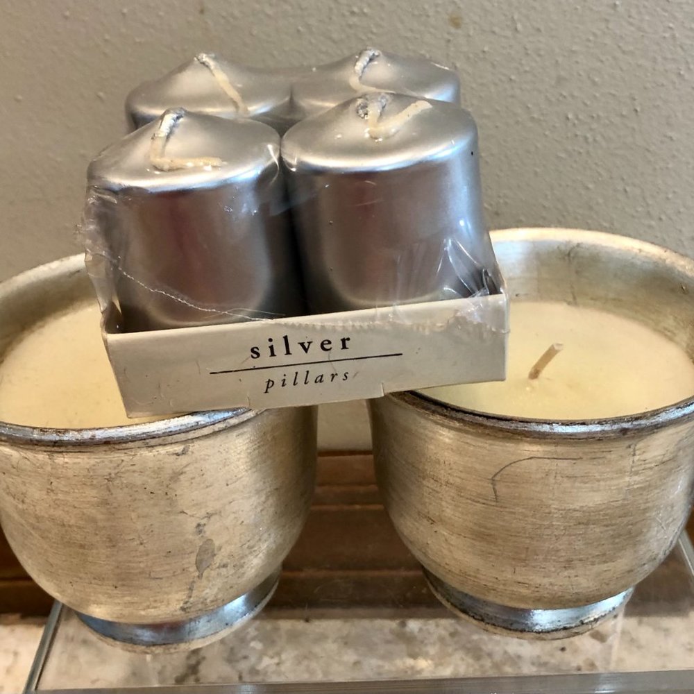 Pier 1 Cinnamon Silver Ceramic Candles and Pillars 100 hours New NWT Bundle 6
